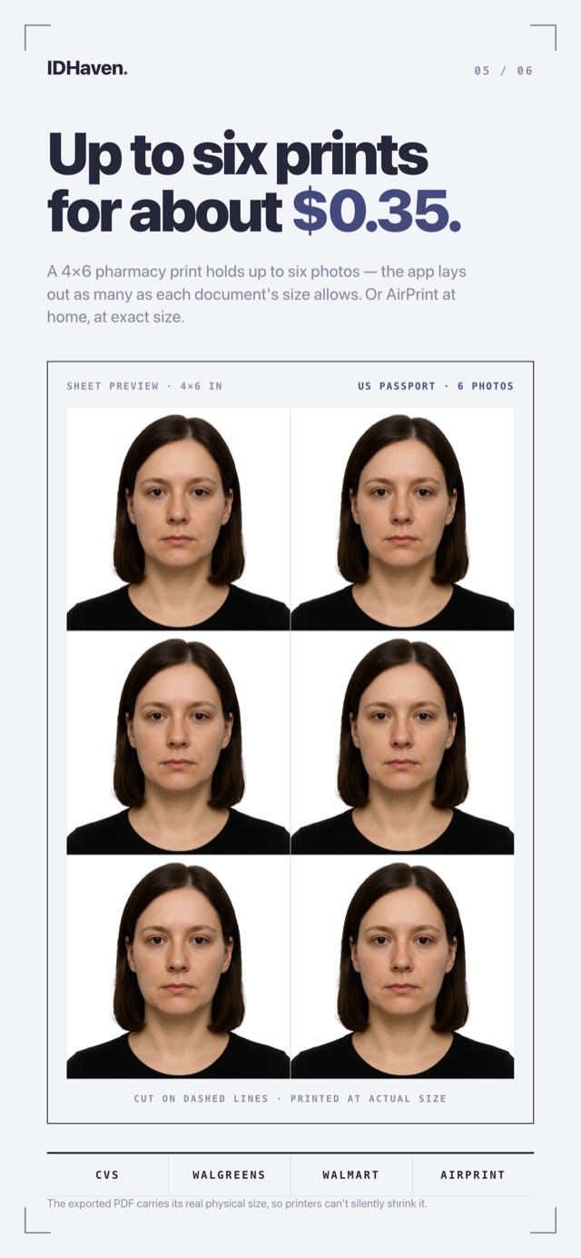 A 4 by 6 inch print sheet laid out with six US passport photos and dashed cutting guides.